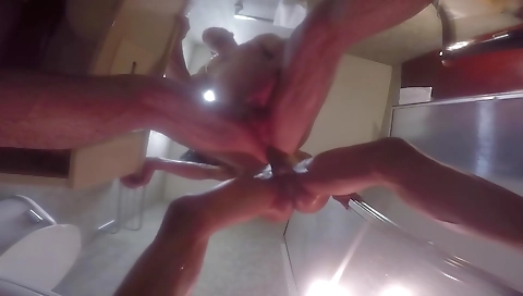 Bareback sex with a shemale and her man in the shower