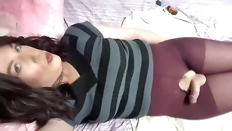 Busty shemale with huge boobs gets a creampie in a solo