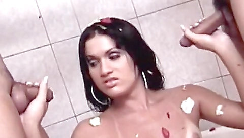 Latina teen with hairy pussy getting two guys fucked