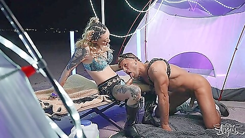 Hot blonde girl with a tattooed booty riding a big cock