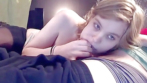 Blonde babe sucks cock and does blowjob with pleasure