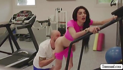 Busty brunette shemale gets her ass drilled in the ass hole